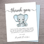 Budget Blue Elephant Baby Shower Thank You Card<br><div class="desc">Cute budget-friendly thank you card with "thank you" in a stylish soft grey script with swashes and a blue watercolor of baby elephant. Underneath you can easily personalise your thank you message in simple grey topography or leave blank for a handwritten note. This budget semi-gloss paper is similar in weight...</div>