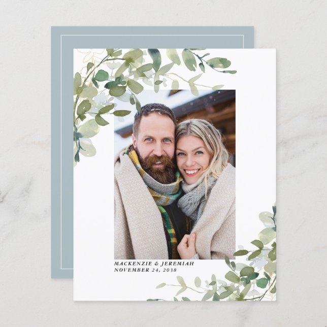 Budget Blue Eucalyptus Wedding Photo Save the Date (Front/Back)