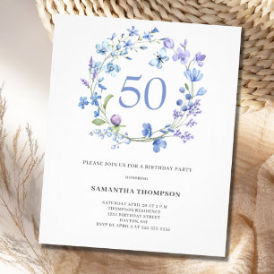 Budget Blue Floral 50th Birthday Invitation Flyer