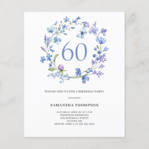 Budget Blue Floral 60th Birthday Invitation