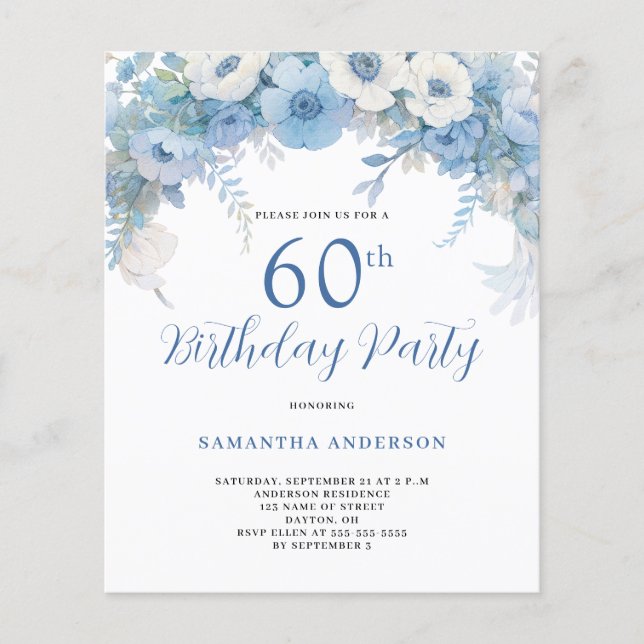Budget Blue Floral 60th Birthday Invitation  Flyer (Front)