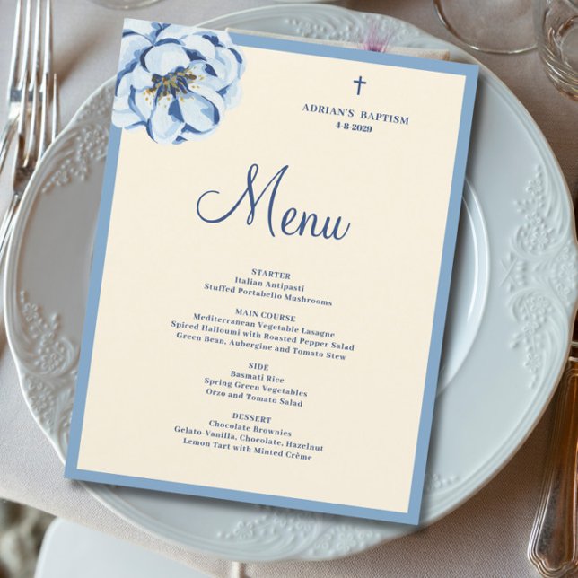 Budget Blue Floral Baby Boy Baptism Menu (Creator Uploaded)