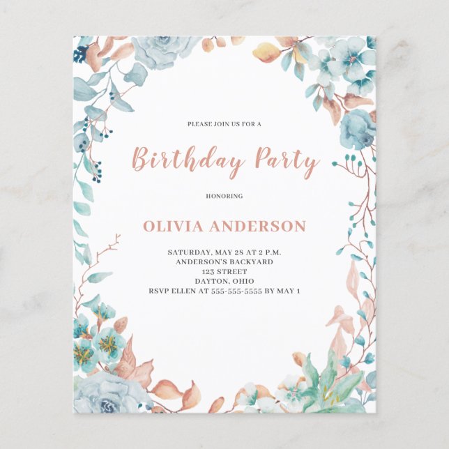 Budget Blue Floral Birthday Invitation Flyer (Front)