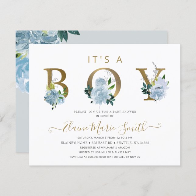 Budget Blue Floral Boy Baby Shower Invitation (Front/Back)