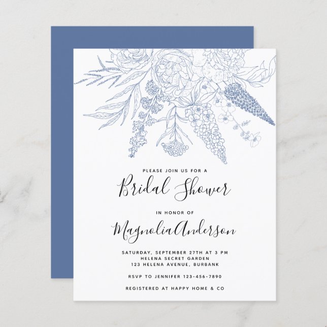 BUDGET Blue Floral Bridal Shower Invitation (Front/Back)
