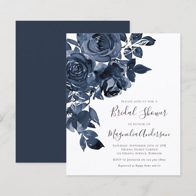 Budget Blue Floral Bridal Shower Invitation (Front/Back)
