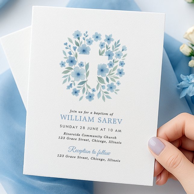 Budget Blue Floral Cross Baptism Invitation (blue floral cross baptism invite with envelope – modern and simple design)