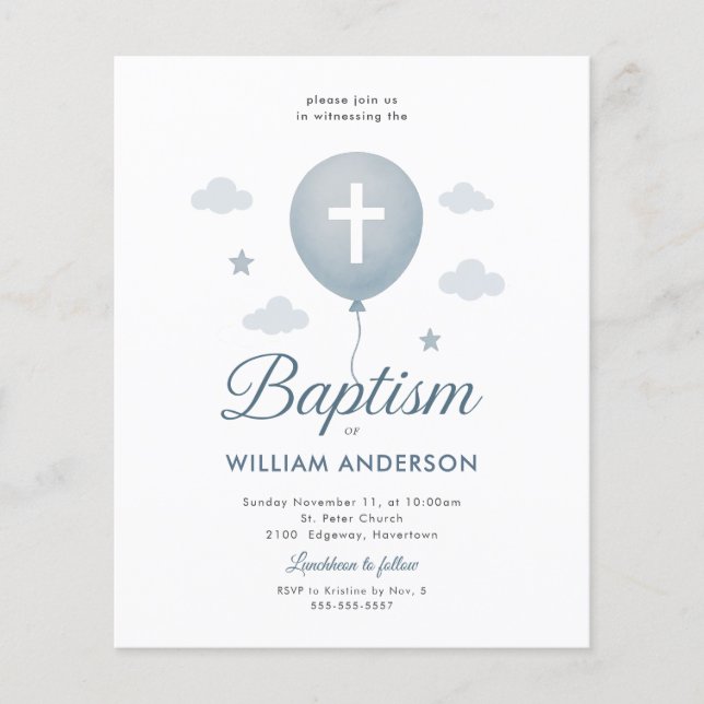 Budget Blue Floral Cross Baptism Invitation (Front)