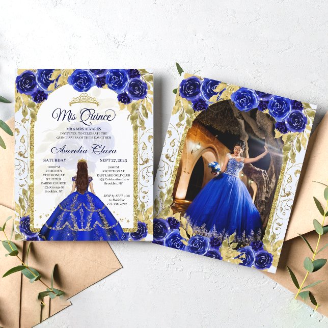 Budget Blue Floral Princess Gold Quinceanera Photo (Creator Uploaded)