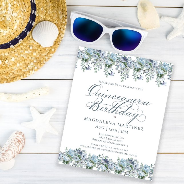 Budget Blue Floral Quinceanera Birthday Invitation (Creator Uploaded)