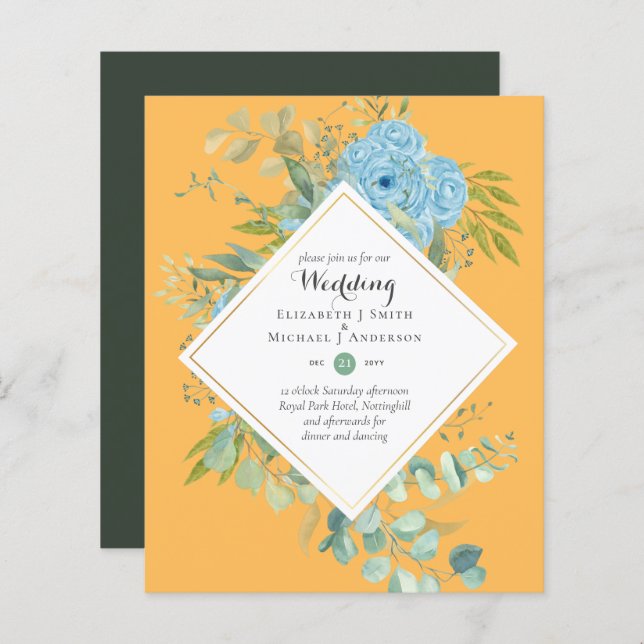 BUDGET Blue Floral Wedding Invitations Eucalyptus (Front/Back)