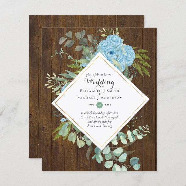 BUDGET Blue Floral Wedding Invitations Eucalyptus (Front/Back)
