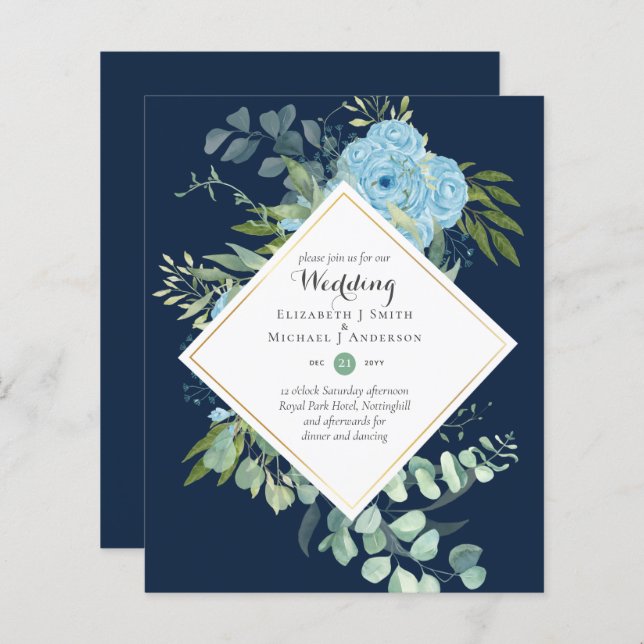 BUDGET Blue Floral Wedding Invitations Eucalyptus (Front/Back)