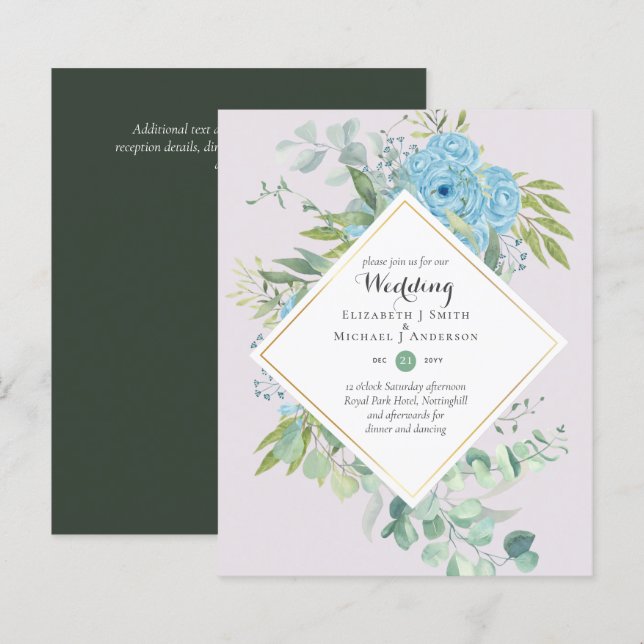 BUDGET Blue Floral Wedding Invitations Eucalyptus (Front/Back)