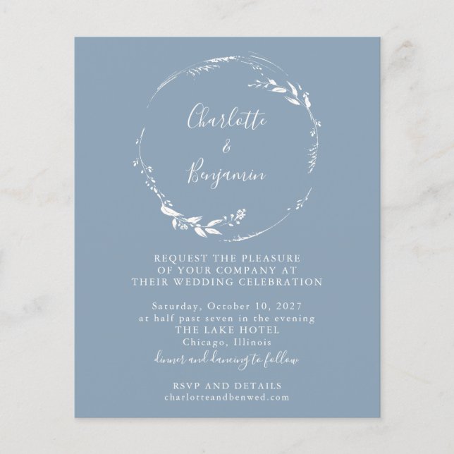 Budget Blue Floral Wreath Script Wedding Invite (Front)