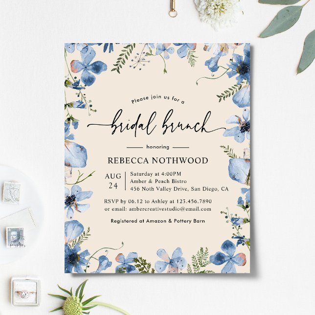 Budget Blue Florals Bridal Brunch Beige Invitation (Creator Uploaded)