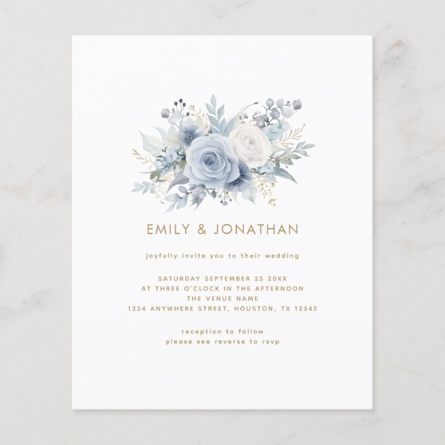 Budget Blue Florals Gold Text QR Wedding invite (Front)