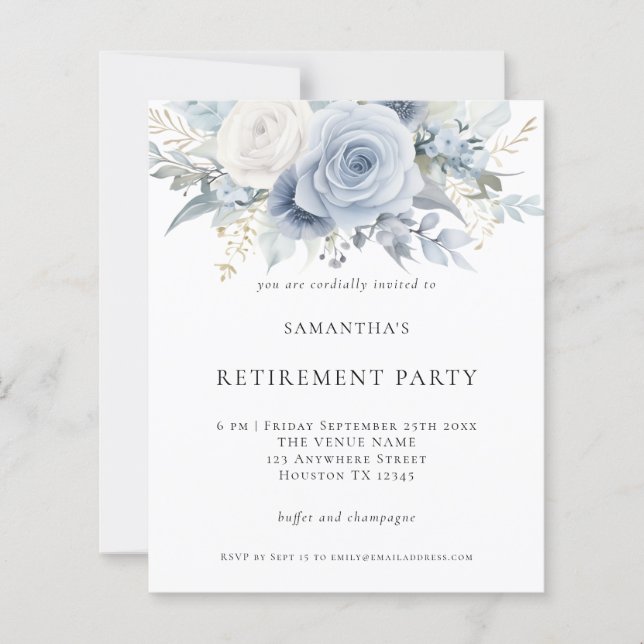 Budget Blue Florals Retirement Party Invitation (Front)