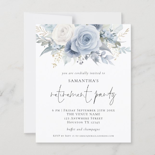 Budget Blue Florals Script Retirement Party Invite (Front)