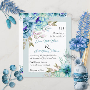 BUDGET blue flowers mint green wedding invitation