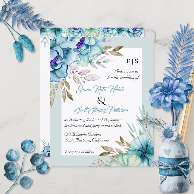 BUDGET blue flowers mint green wedding invitation (Creator Uploaded)