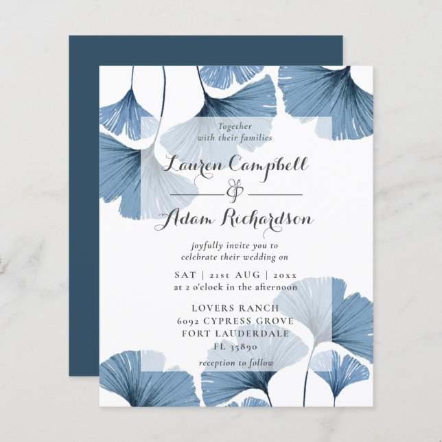 Budget Blue Foliage Watercolor Wedding Invitation (Front/Back)