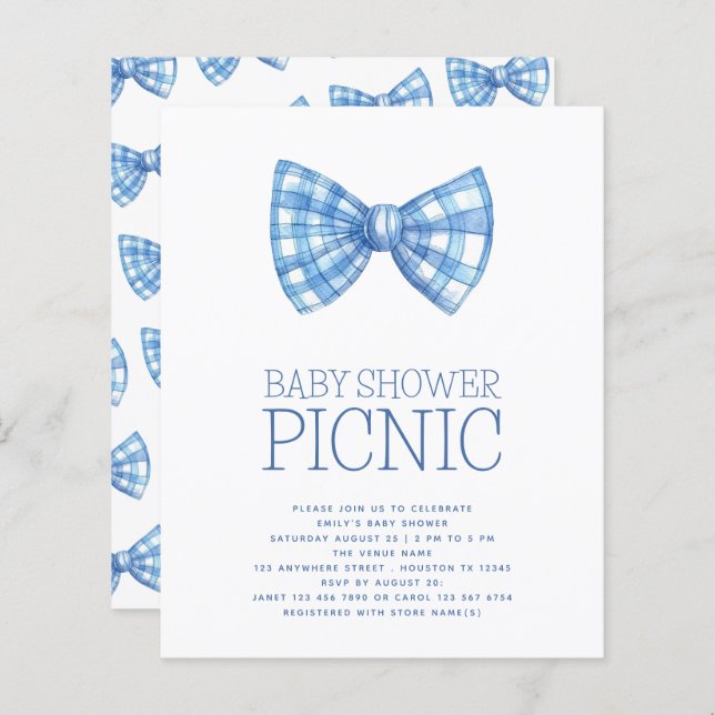 Budget Blue Gingham Bow Tie Baby Shower Picnic (Front/Back)