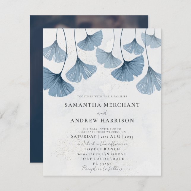 Budget Blue Ginkgo Wedding Invitation (Front/Back)