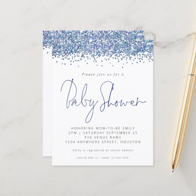 Budget Blue Glitter Baby Shower Invitation  (Front/Back In Situ)