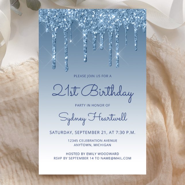 Budget Blue Glitter Drip 21st Birthday Invite (Creator Uploaded)