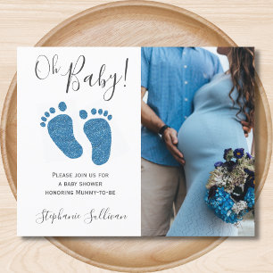 Budget Blue Glitter Feet Baby Shower Invitation