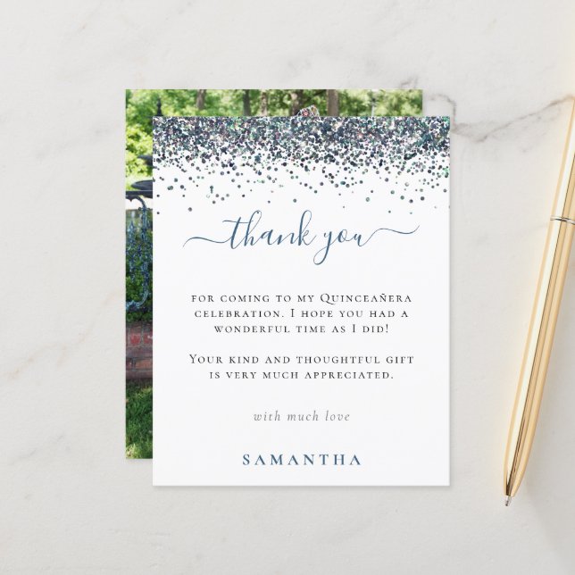 Budget Blue Glitter Photo Quinceanera Thank You (Front/Back In Situ)