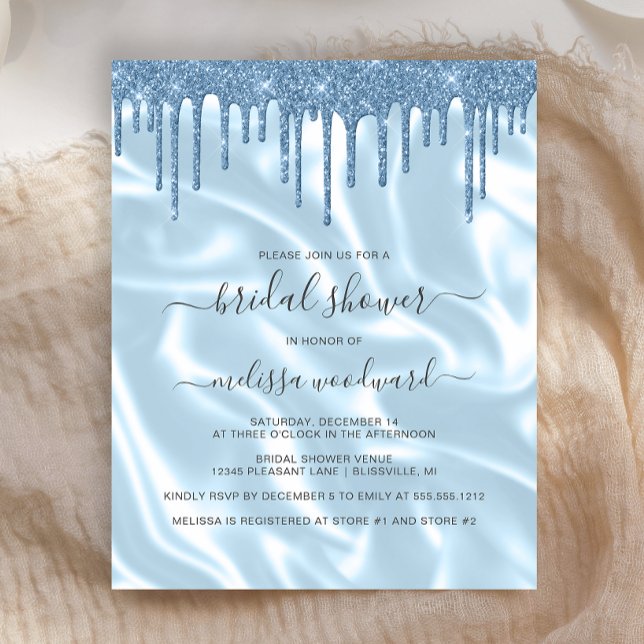 Budget Blue Glitter Satin Bridal Shower Invite (Creator Uploaded)