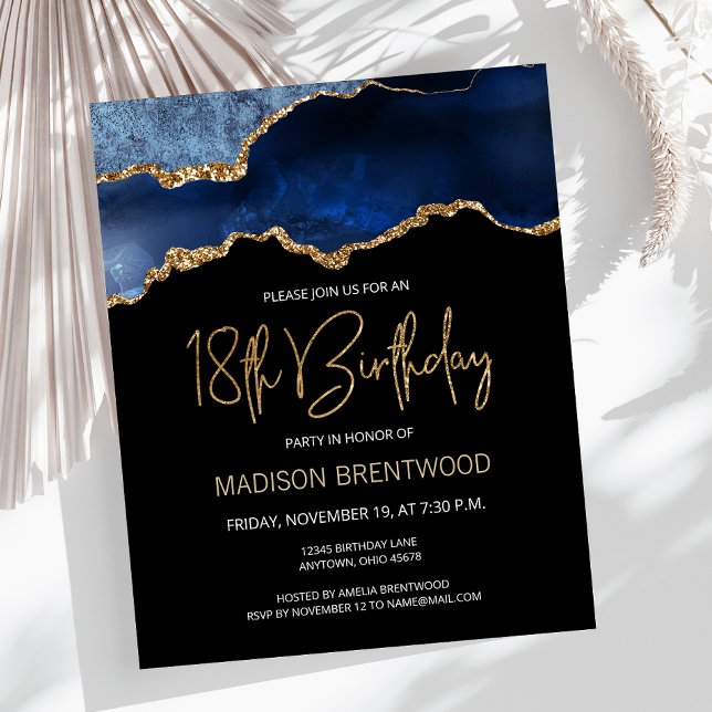 Budget Blue Gold Agate 18th Birthday Invitation (Creator Uploaded)