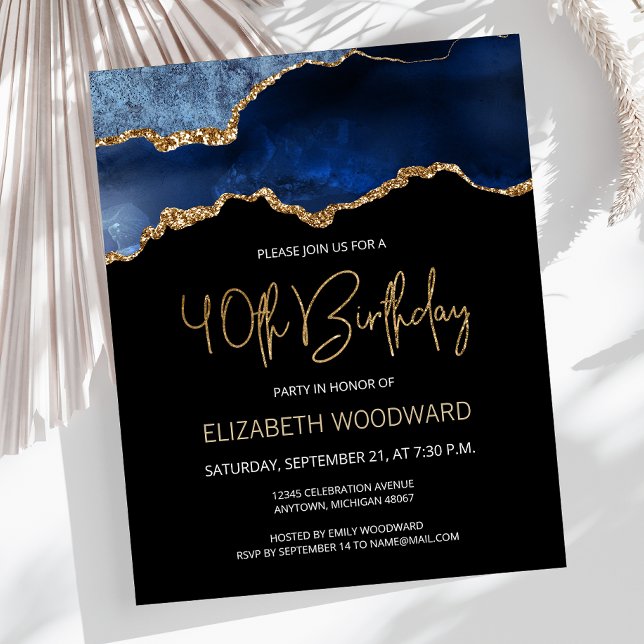 Budget Blue Gold Agate 40th Birthday Invitation (Creator Uploaded)