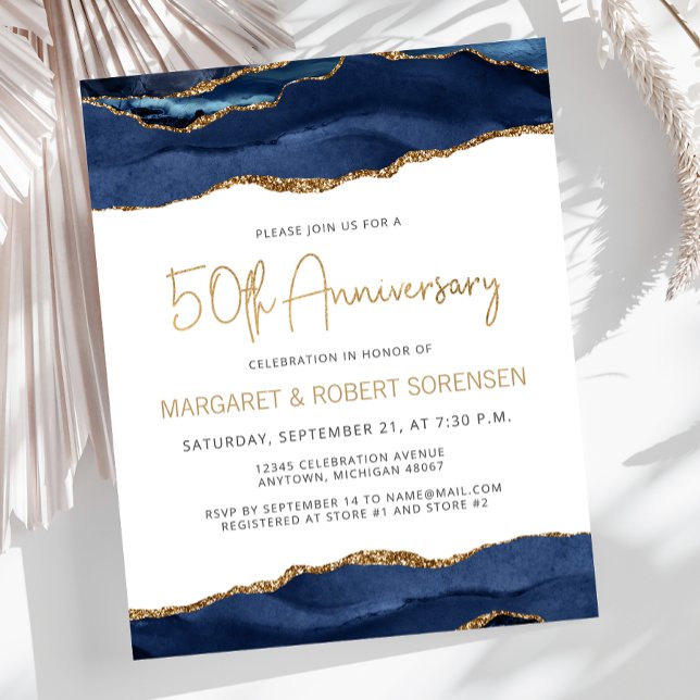 Budget Blue Gold Agate 50th Anniversary Invitation (Creator Uploaded)