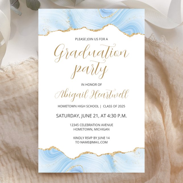 Budget Blue Gold Agate Graduation Party Invitation (Creator Uploaded)