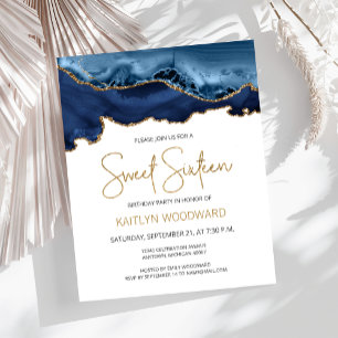 Budget Blue Gold Agate Sweet 16 Invitation