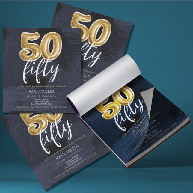 BUDGET Blue, Gold Balloon 50th Birthday Invitation Notepad (Creator Uploaded)