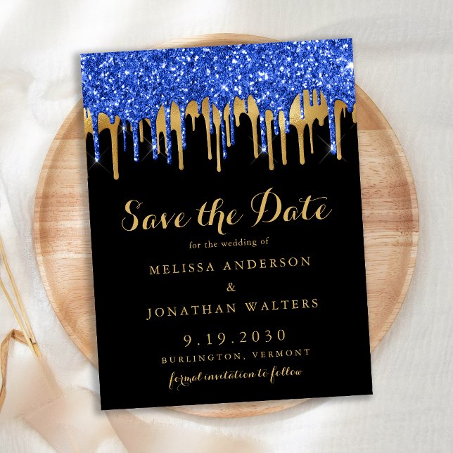 Budget Blue Gold Black Glitter Drips Save The Date (Creator Uploaded)