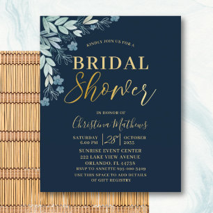 Budget Blue & Gold Floral Bridal Shower Invitation