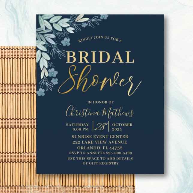 Budget Blue & Gold Floral Bridal Shower Invitation (Creator Uploaded)