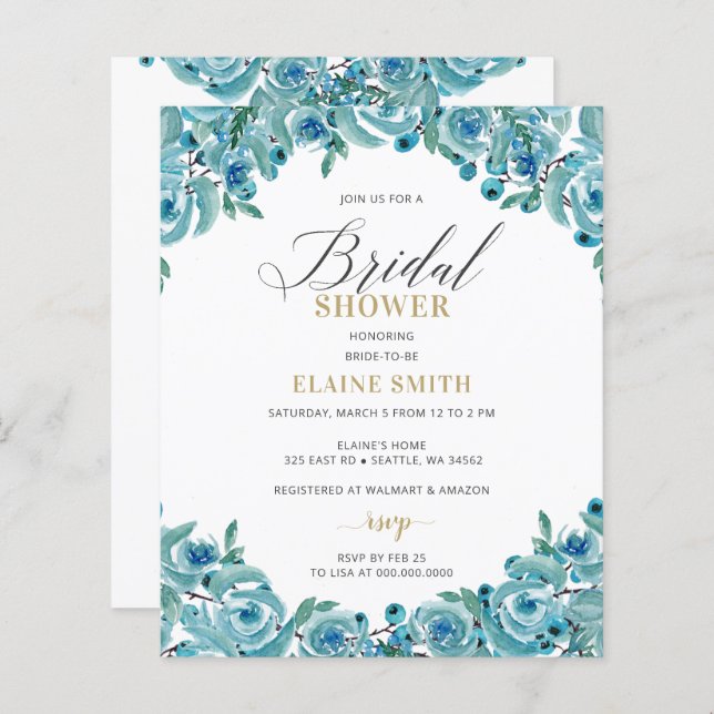 Budget Blue Gold Floral Bridal Shower Invitation (Front/Back)