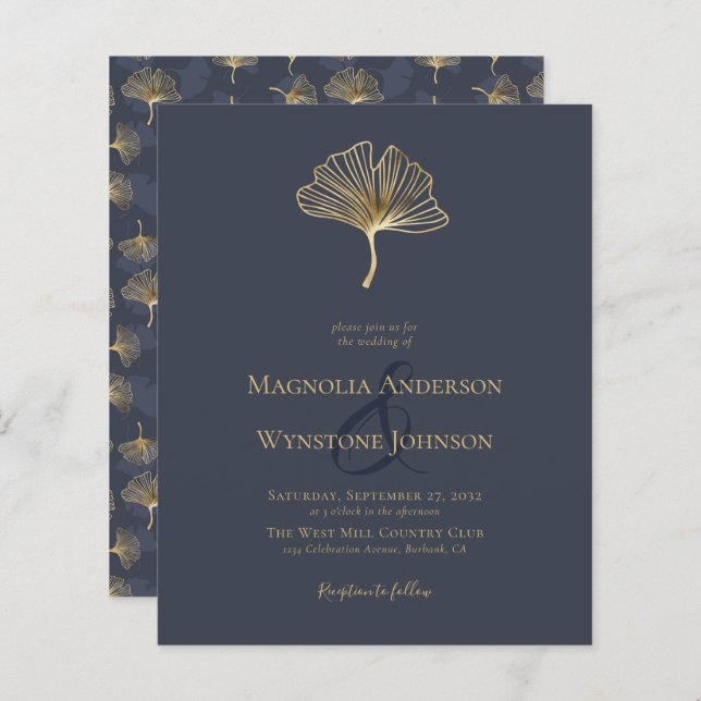 Budget Blue Gold Foil Elegant Wedding Invitation (Front/Back)