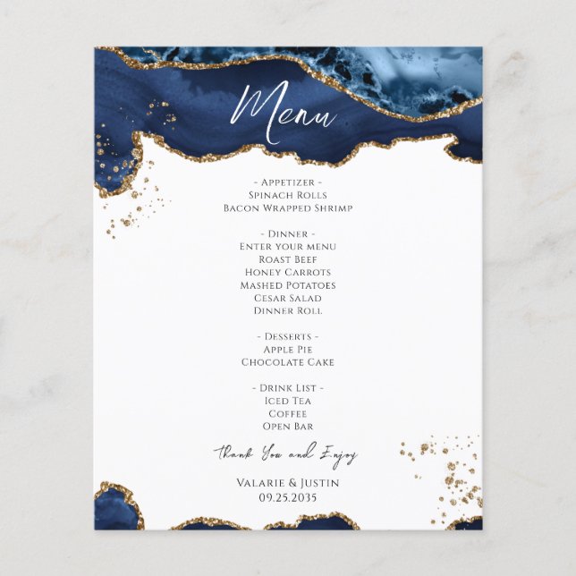 Budget Blue Gold Glitter Marble Wedding Menu Flyer (Front)