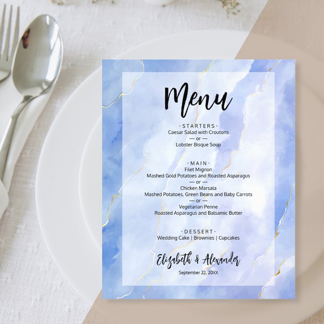 Budget Blue Gold Marble Wedding Menu (Creator Uploaded)
