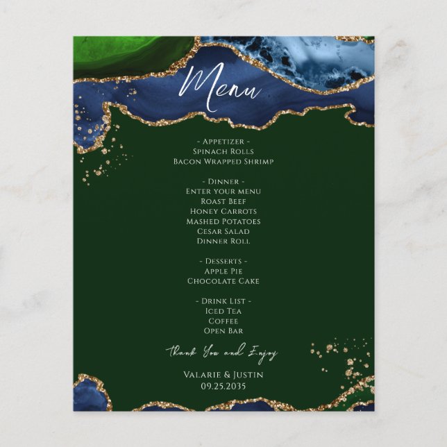 Budget Blue Green Agate Wedding Menu (Front)