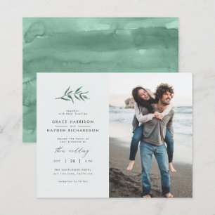 Budget Blue Green Branch Wedding Photo Invitation
