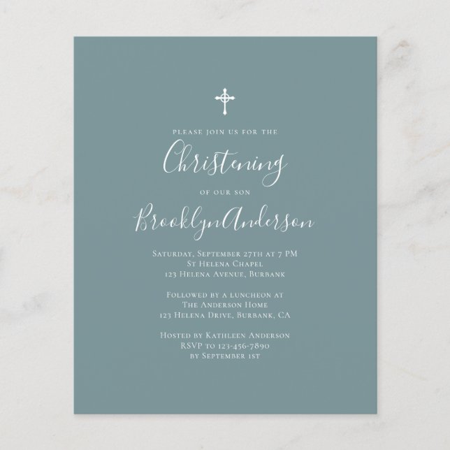 Budget Blue Green Christening Invitation (Front)