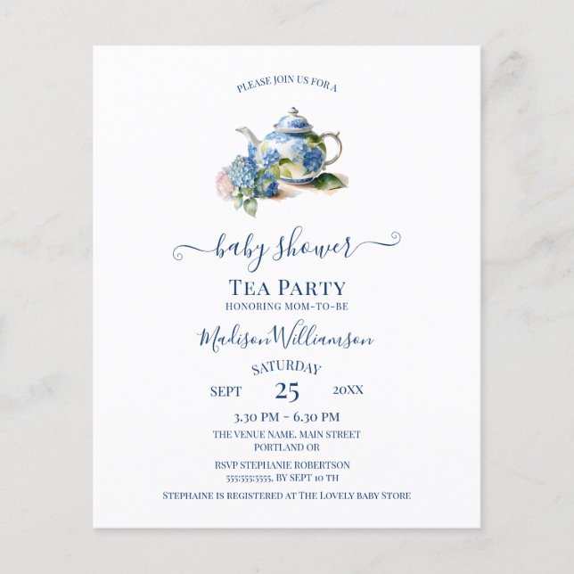 Budget Blue Hydrangea Baby Shower Tea Party  (Front)